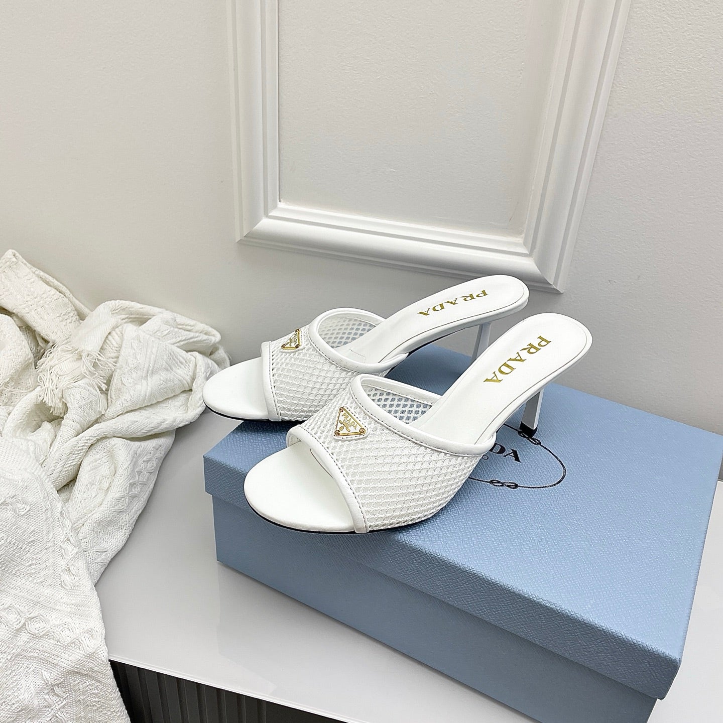 Prada 26s Mules White Mesh Leather 726970
