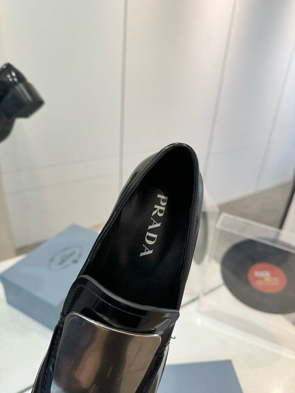 Prada 26s Metal Plate Loafers Black Brushed Leather 941513