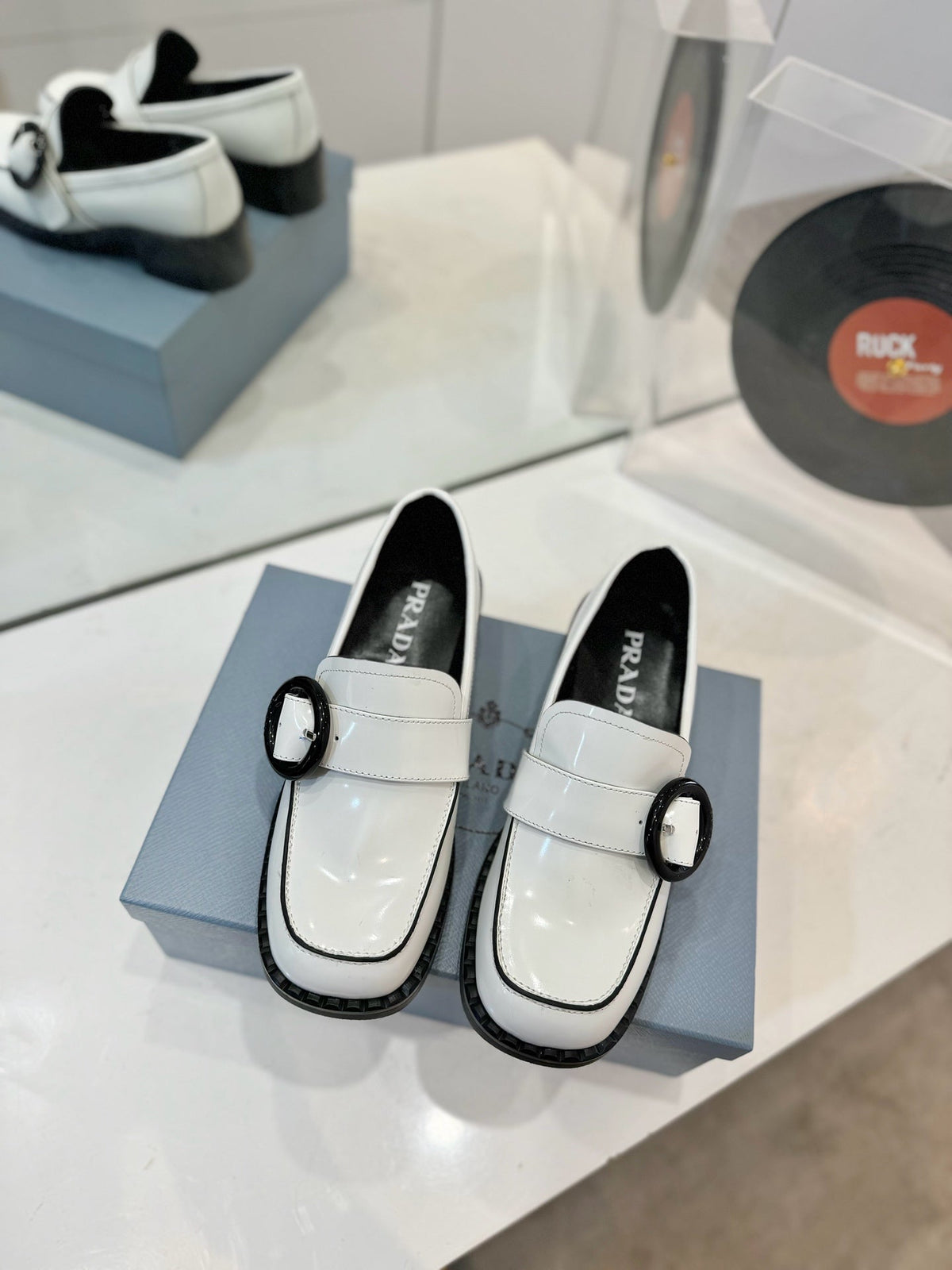 Prada 26s Heeled Loafers White Brushed Leather 941517