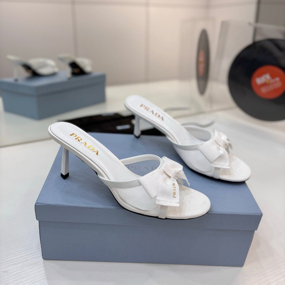Prada Mesh 7.5cm White Fabric Mules 834605