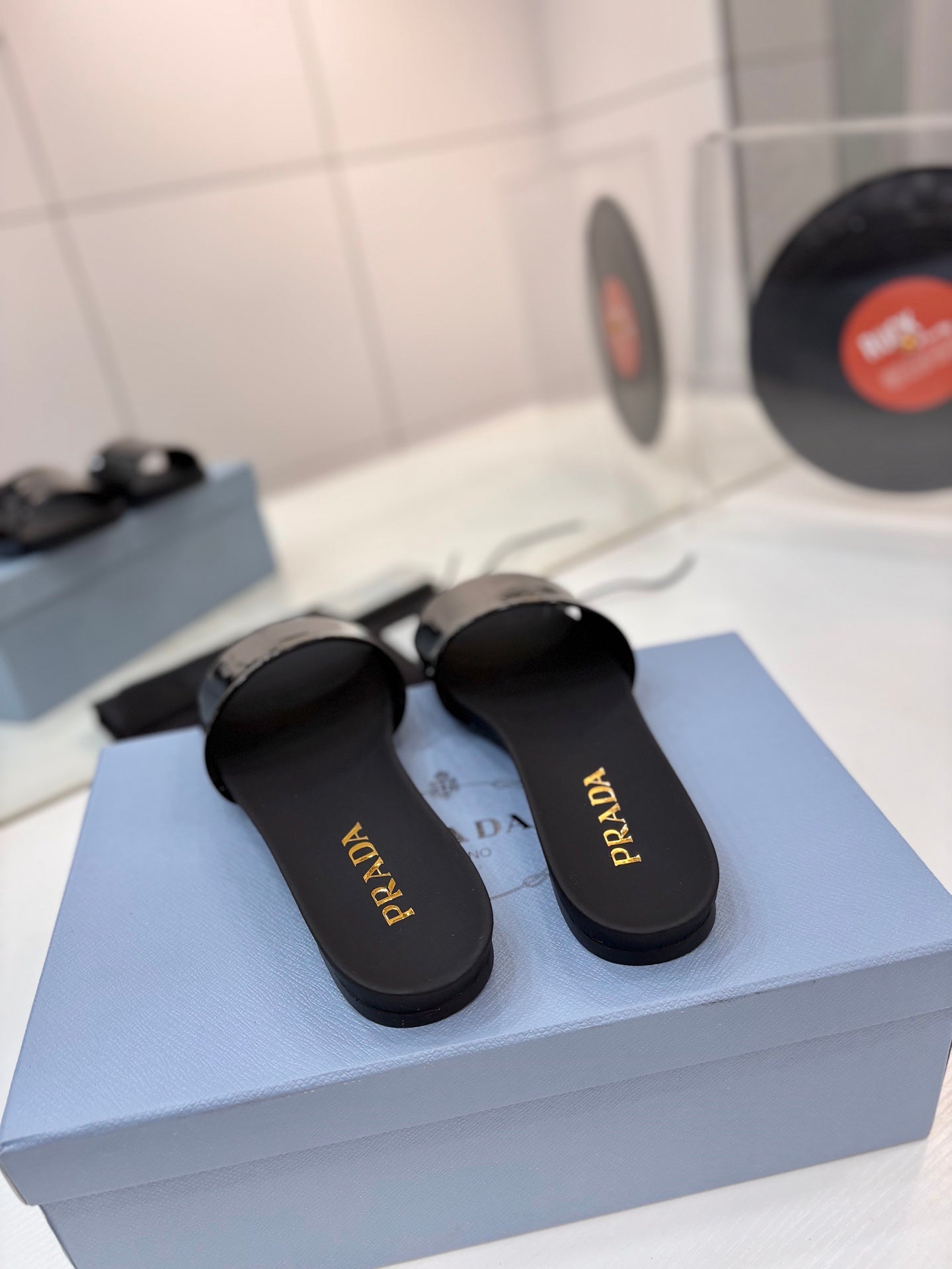 Prada Slides Black Patent Leather 834596