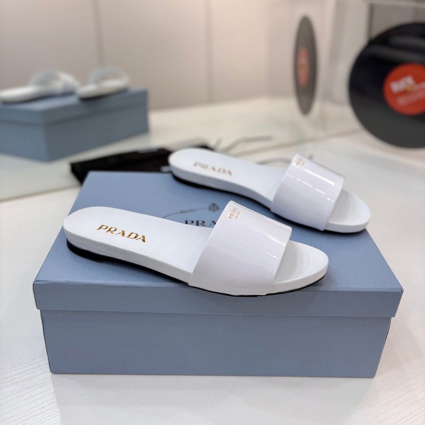 Prada Slides White Patent Leather 834597