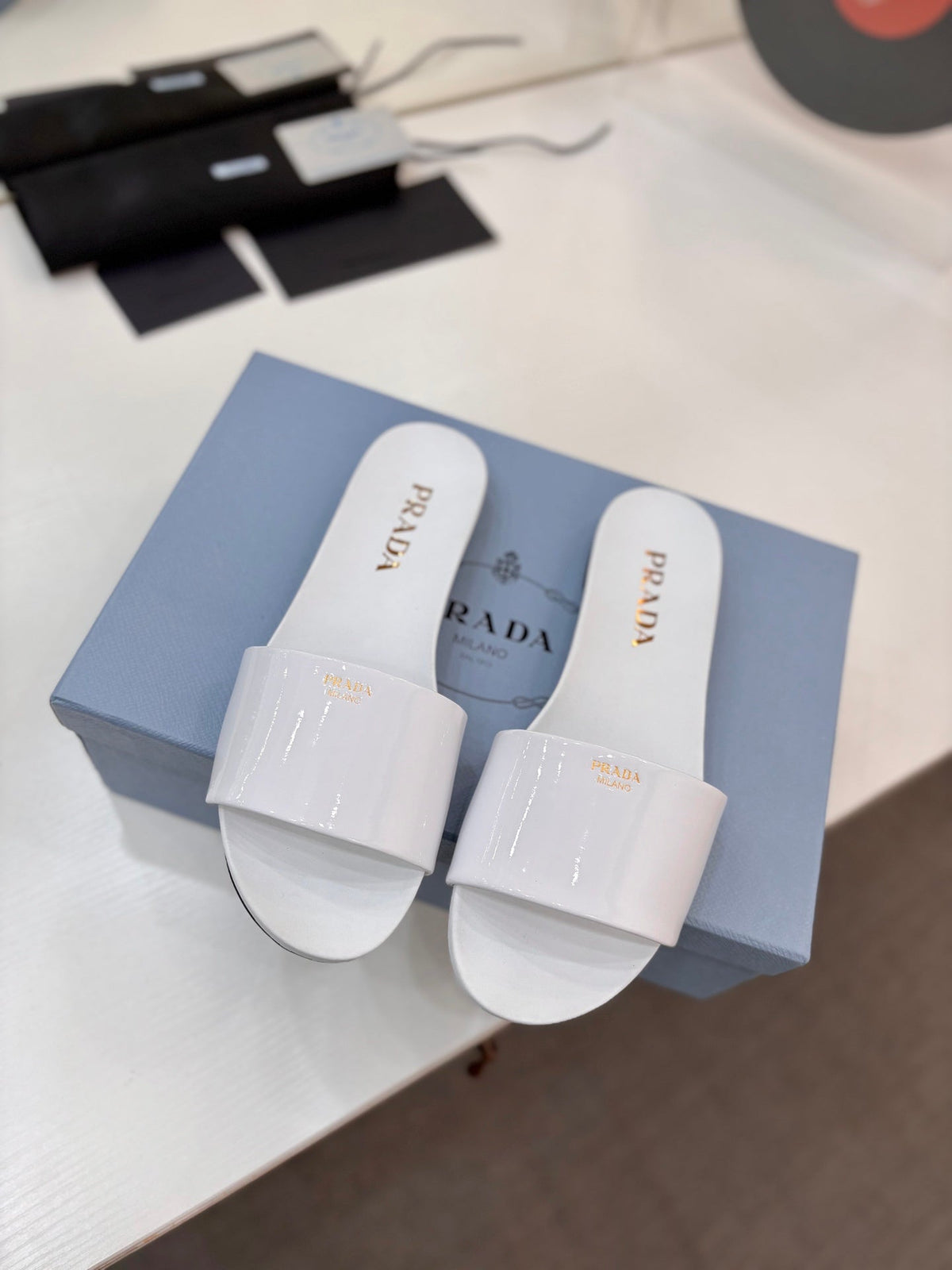 Prada Slides White Patent Leather 834597