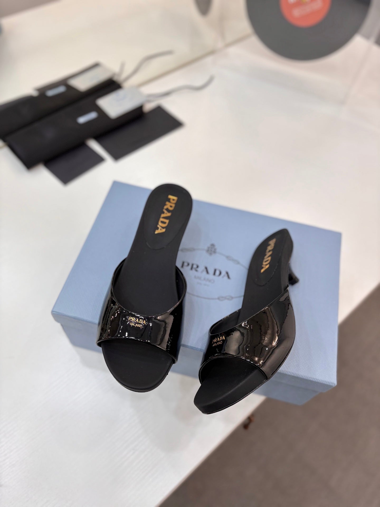 Prada Kitten Heel Sandals 4cm Black Patent Leather 834601