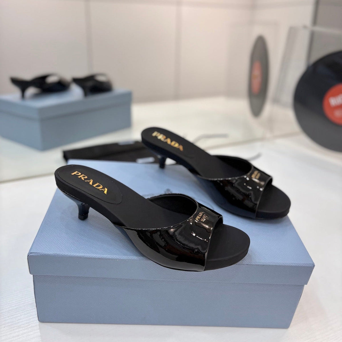 Prada Kitten Heel Sandals 4cm Black Patent Leather 834601