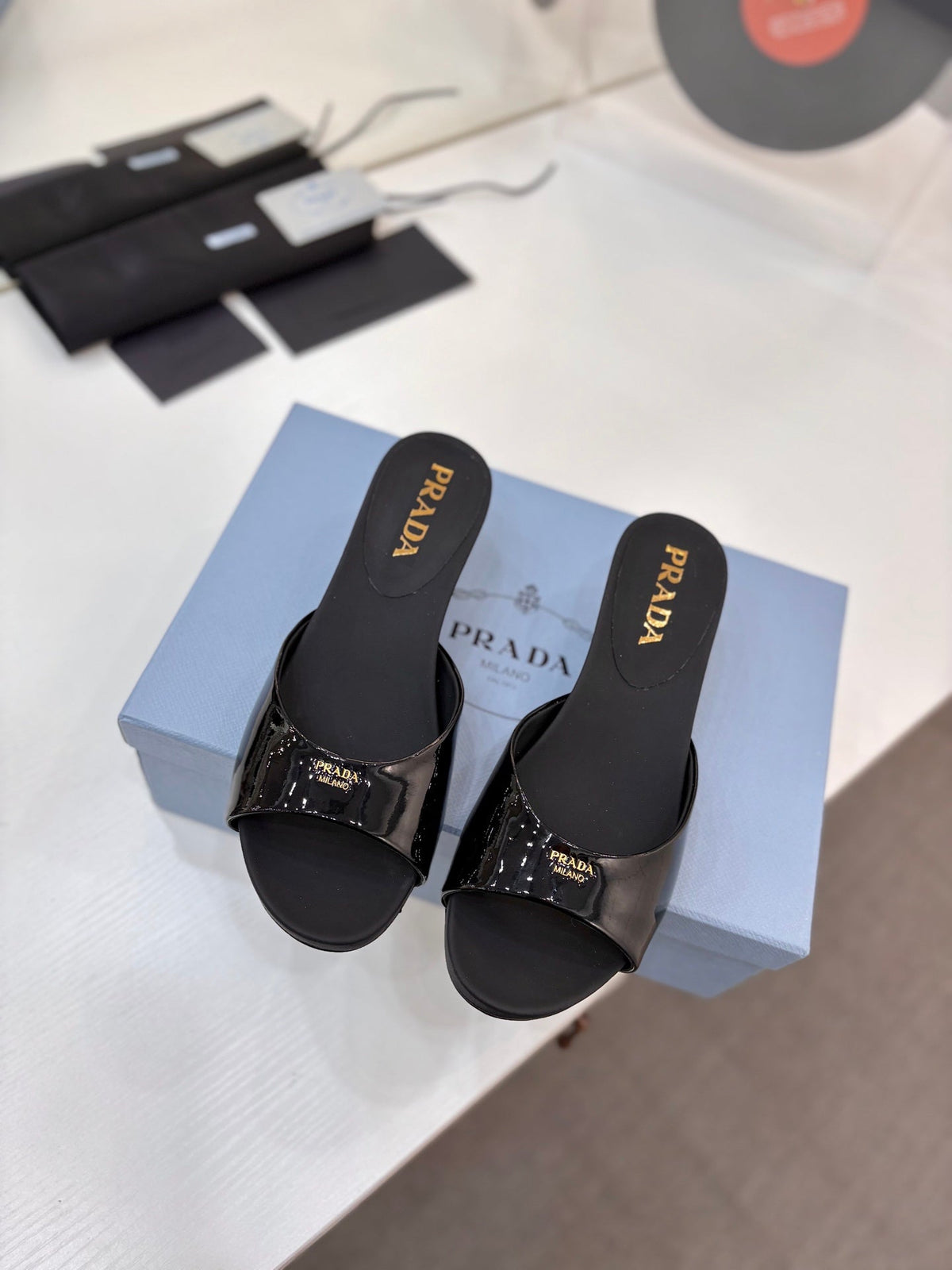 Prada Kitten Heel Sandals 4cm Black Patent Leather 834601