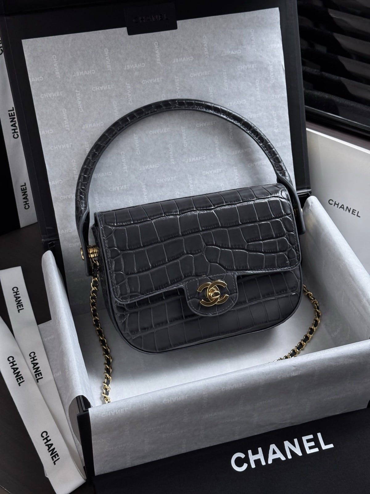 Chanel 2026 Crocodile Embossed Flap Bag 19.5cm Calfskin