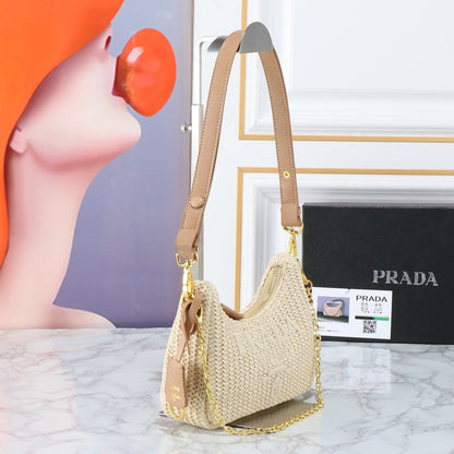 PRA 22 BAG IN BEIGE RAFFIA AND BROWN CALFSKIN GOLD HARDWARE
