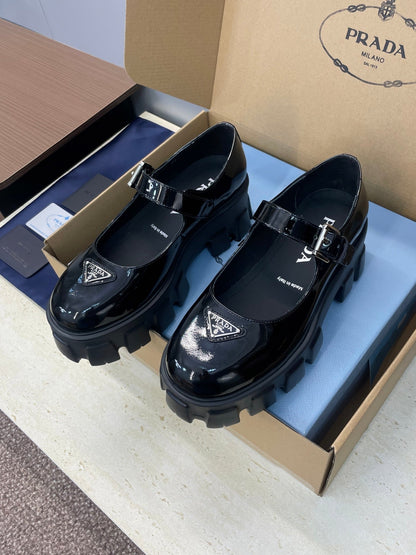 Prada Brushed Monolith Mary Janes Loafer Black Patent Leather 551879