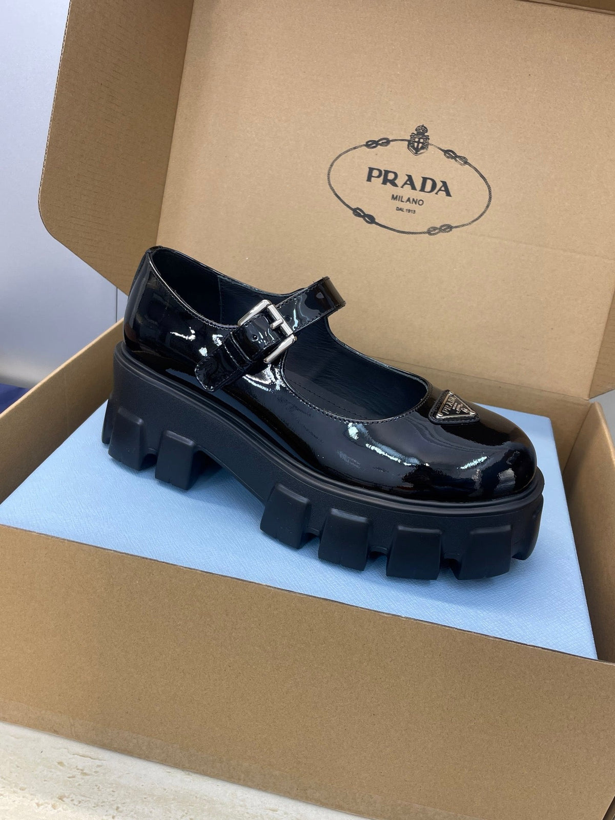 Prada Brushed Monolith Mary Janes Loafer Black Patent Leather 551879