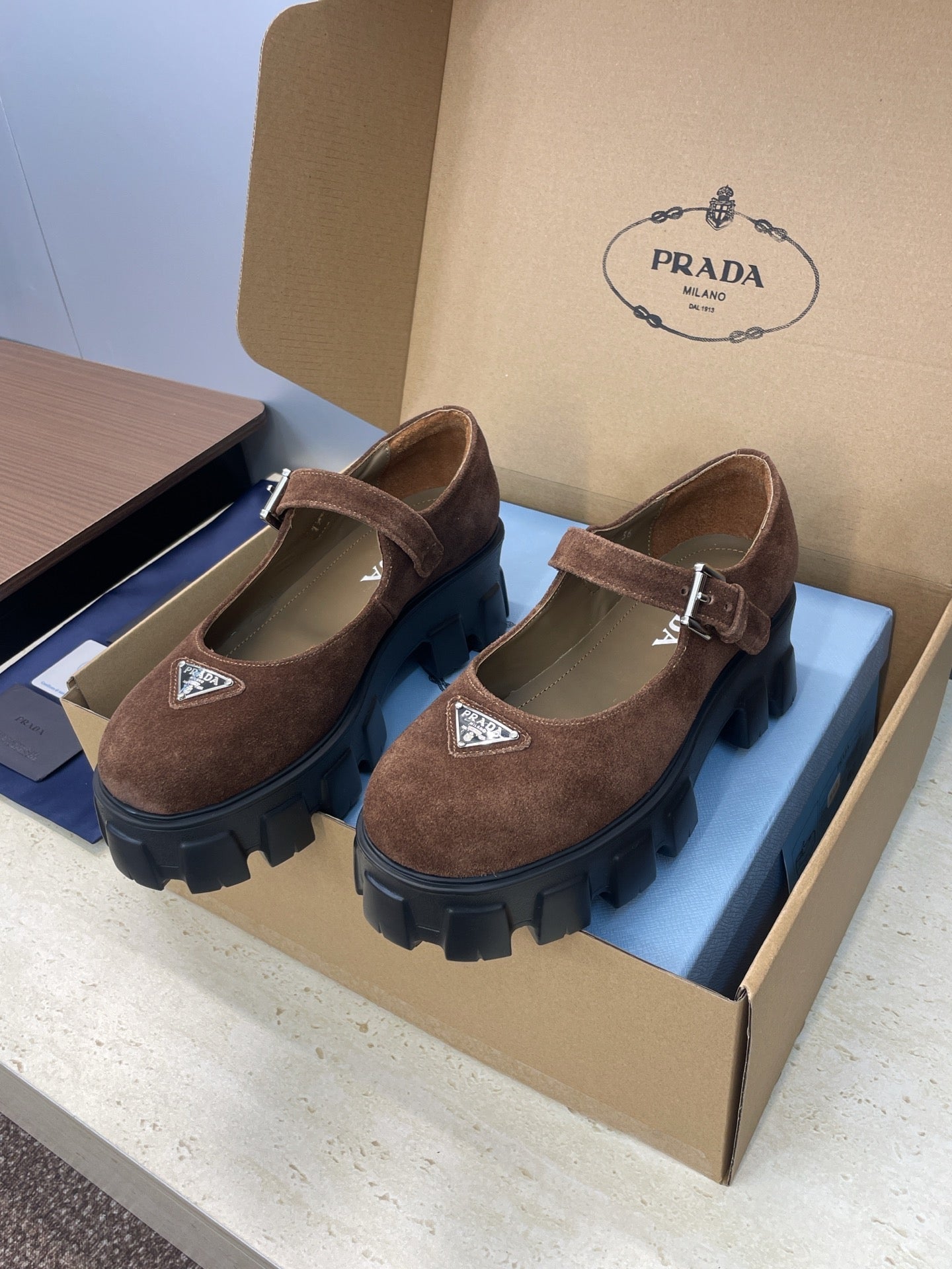 Prada Brushed Monolith Mary Janes Loafer Brown Suede 551880