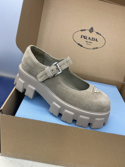 Prada Brushed Monolith Mary Janes Loafer Taupe Suede 551882