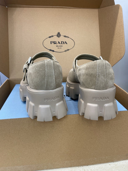 Prada Brushed Monolith Mary Janes Loafer Taupe Suede 551882