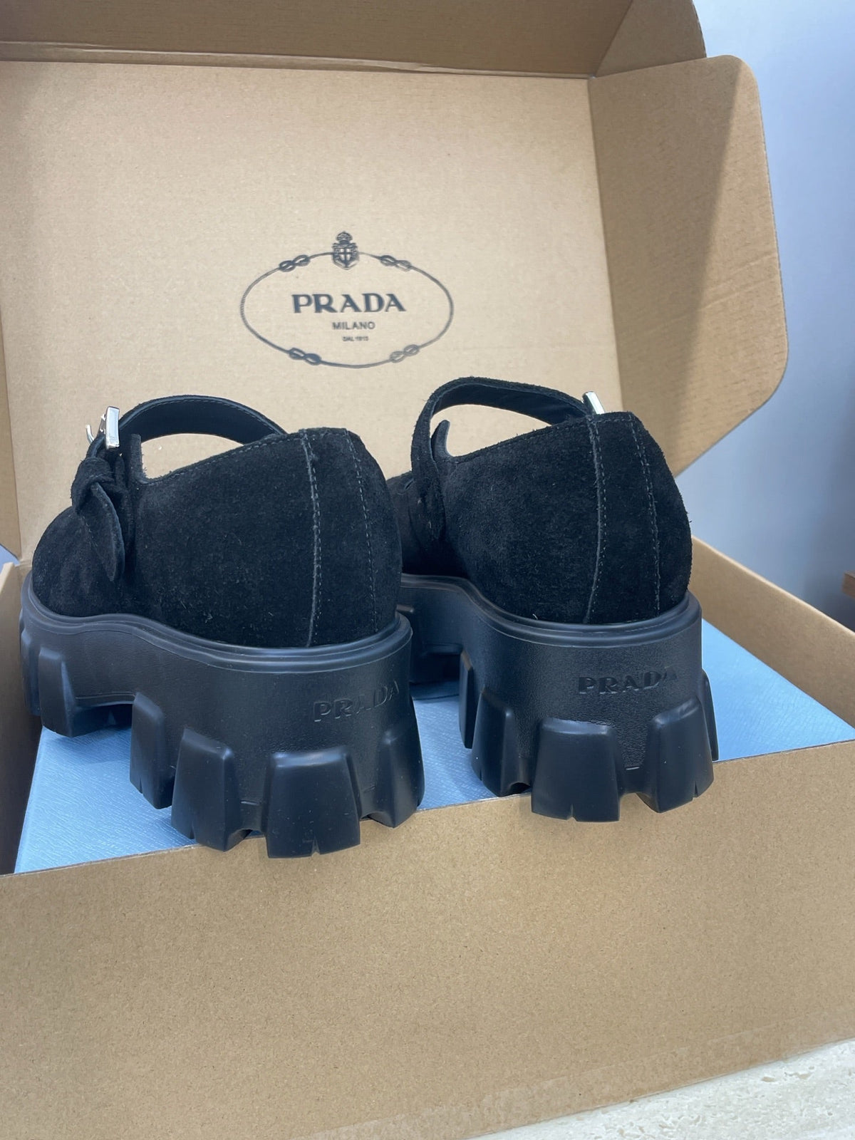 Prada Brushed Monolith Mary Janes Loafer Black Suede 551883
