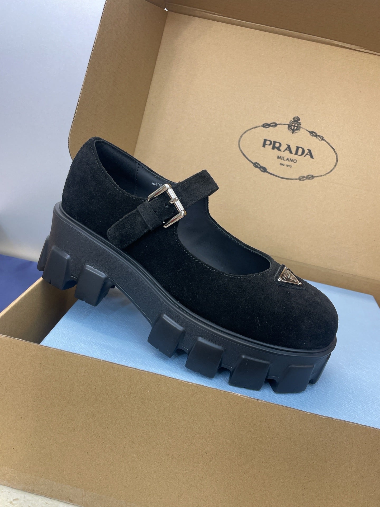 Prada Brushed Monolith Mary Janes Loafer Black Suede 551883