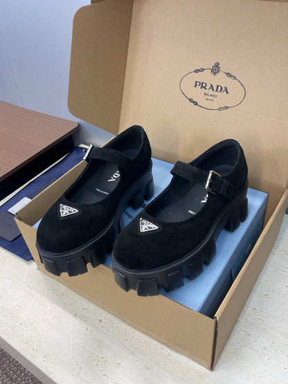 Prada Brushed Monolith Mary Janes Loafer Black Suede 551883