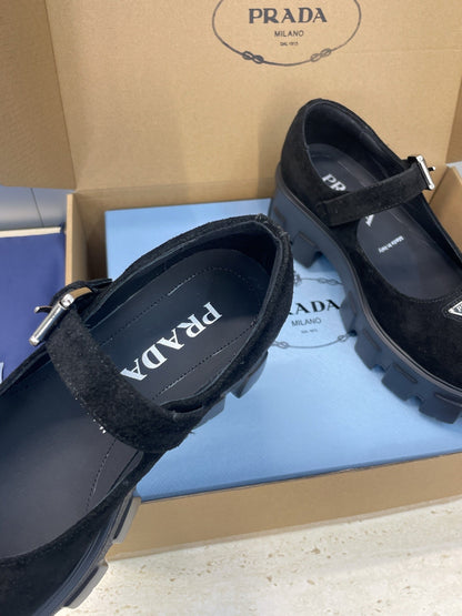 Prada Brushed Monolith Mary Janes Loafer Black Suede 551883