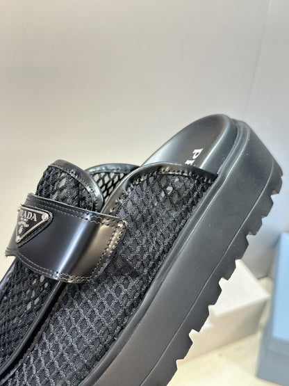Prada 26s Mule Loafers In Black Mesh And Calfskin
