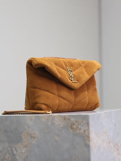 PUFFER TOY 23 IN BRONZE BROWN SUEDE GOLD HARDWARE