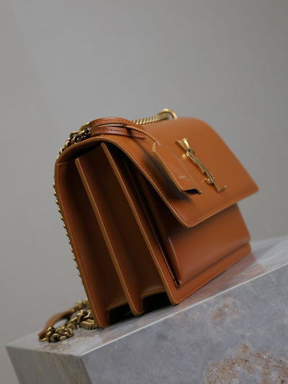 YSL Medium Sunset Shoulder Bag 22cm Brown Cowhide
