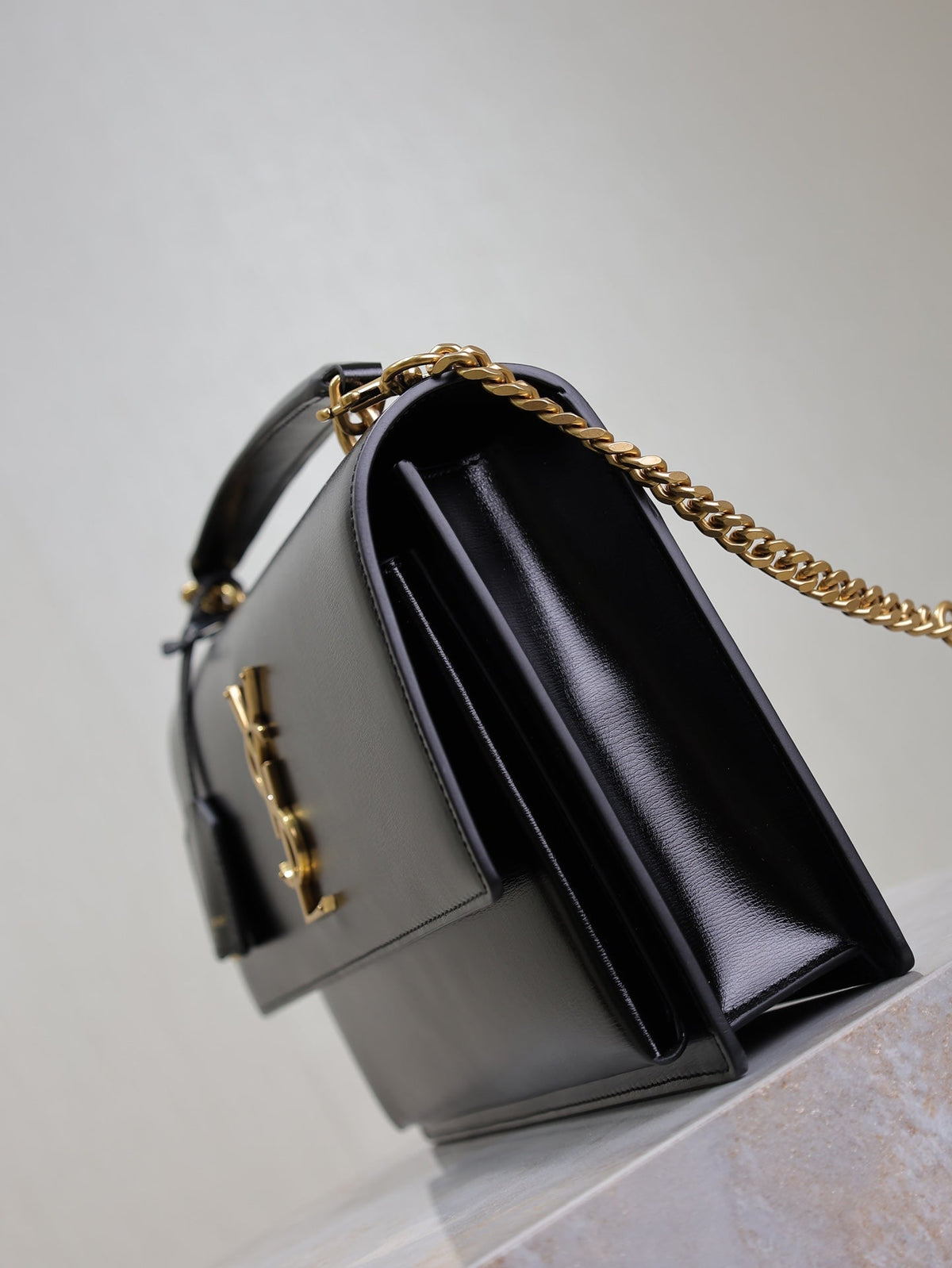 YSL Sunset Handbags 25cm Black Cowhide