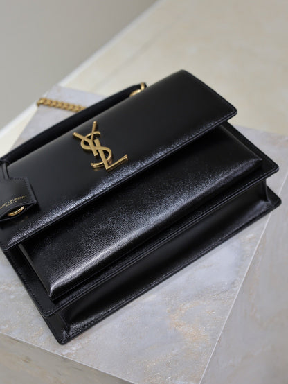 YSL Sunset Handbags 25cm Black Cowhide