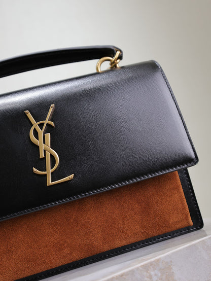 YSL Sunset Handbags 25cm Black Brown Cowhide Suede
