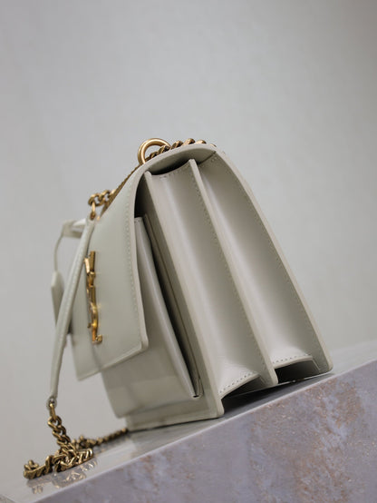 YSL Medium Sunset Shoulder Bag 22cm White Cowhide