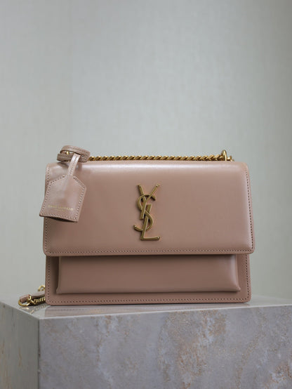 YSL Medium Sunset Shoulder Bag 22cm Beige-Brown Cowhide GHW
