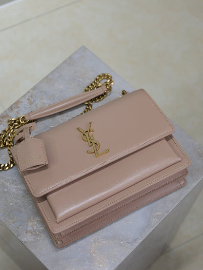 YSL Medium Sunset Shoulder Bag 22cm Beige-Brown Cowhide GHW