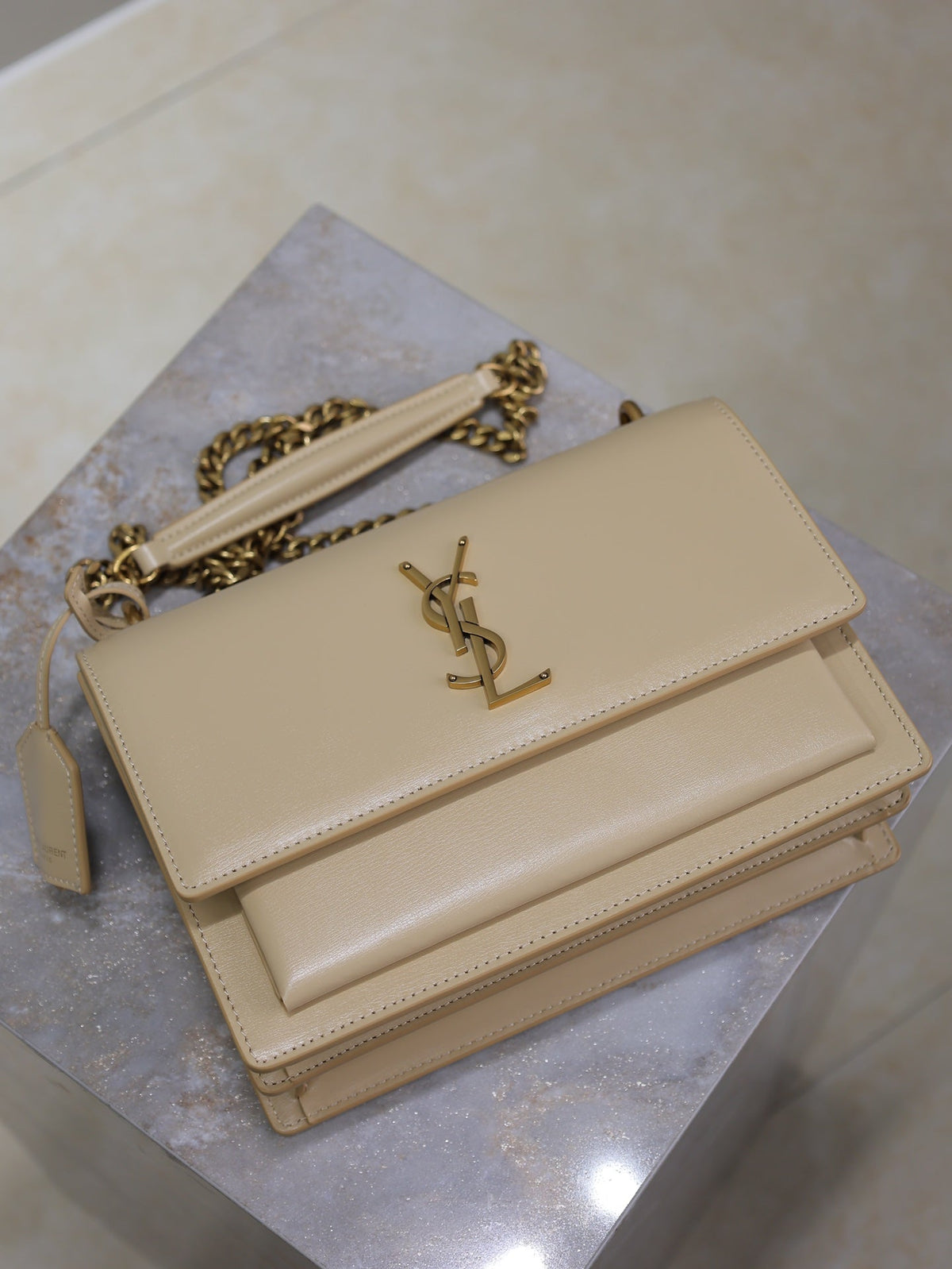 YSL Medium Sunset Shoulder Bag 22cm Beige Cowhide GHW