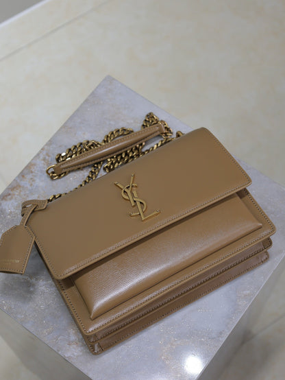 YSL Medium Sunset Shoulder Bag 22cm Brown Cowhide GHW