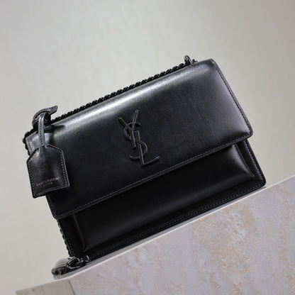 YSL Medium Sunset Shoulder Bag 22cm Black Cowhide Black HW