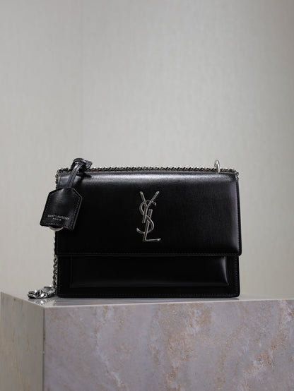 YSL Medium Sunset Shoulder Bag 22cm Black Cowhide Sliver HW
