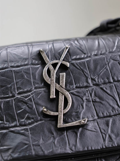 WEST HOLLYWOOD BAG 28 IN BLACK CROCODILE TEXTURED CALFSKIN SILVER HARDWARE