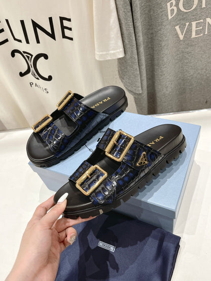 PRA CROCODILE MOTIF STRAP SLIDES SANDALS BLACK AND LAPIS CALFSKIN