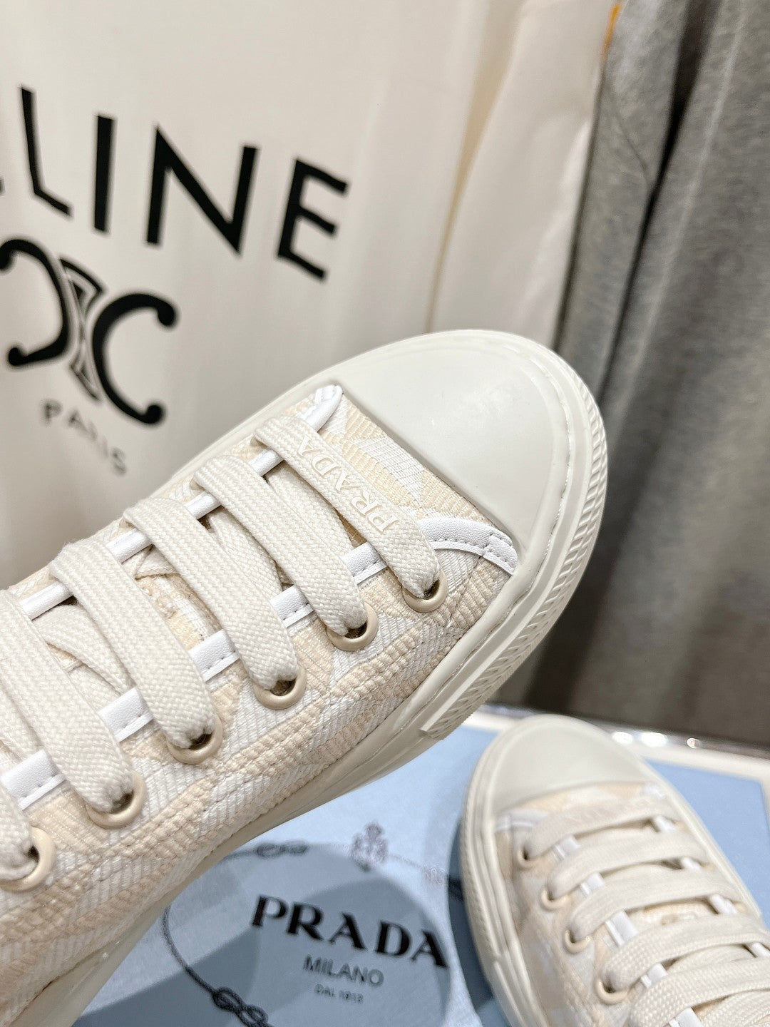 PRA PRINTED COTTON SNEAKERS WHITE AND BEIGE CANVAS