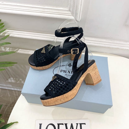 Prada Crochet Cork Platform Sandals 7cm Black Crochet 947375