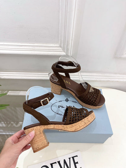 Prada Crochet Cork Platform Sandals 7cm Coffee Crochet 947378