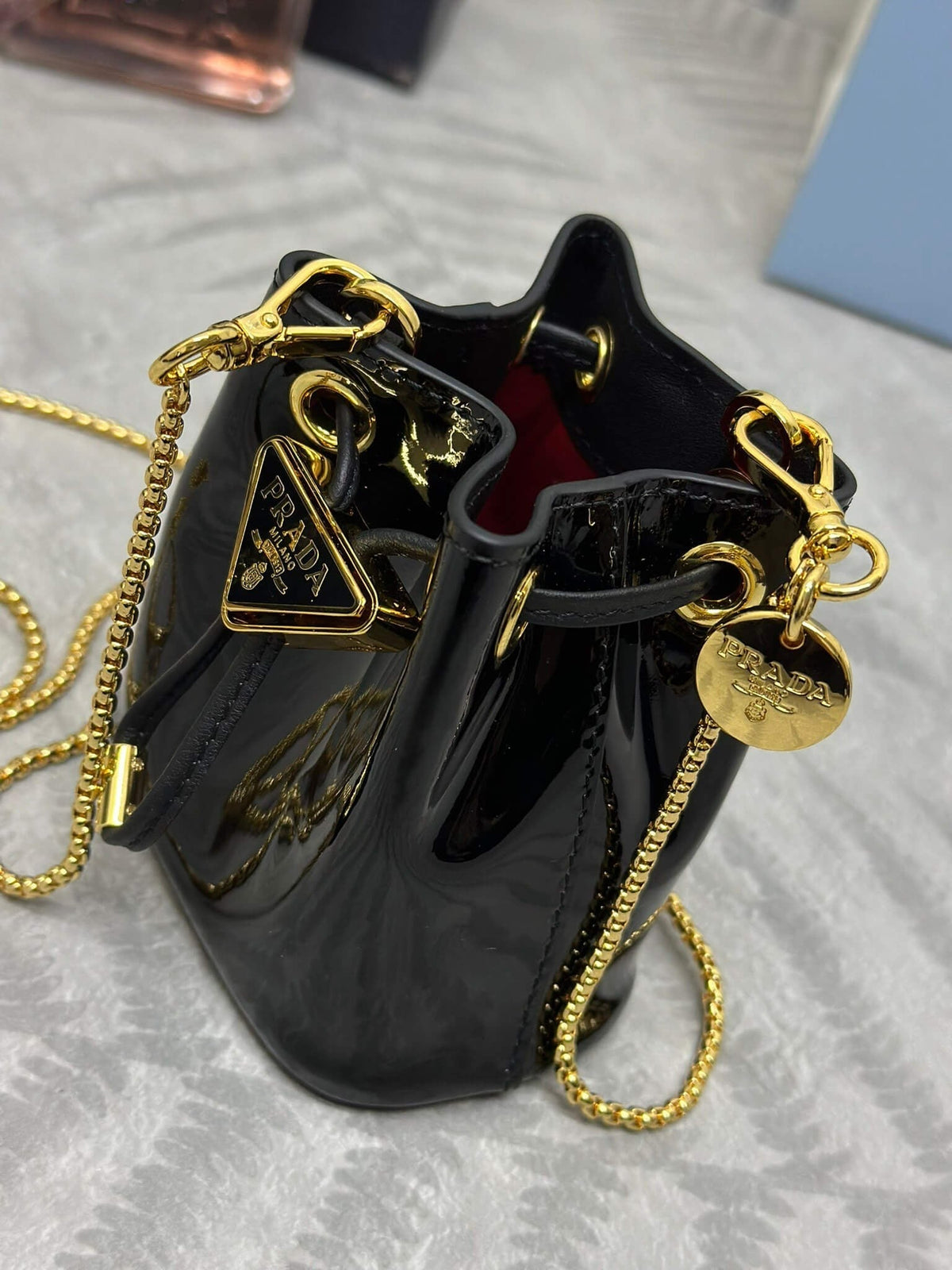 Prada Logo-Plaque Mini Bag Black Patent Leather GHW