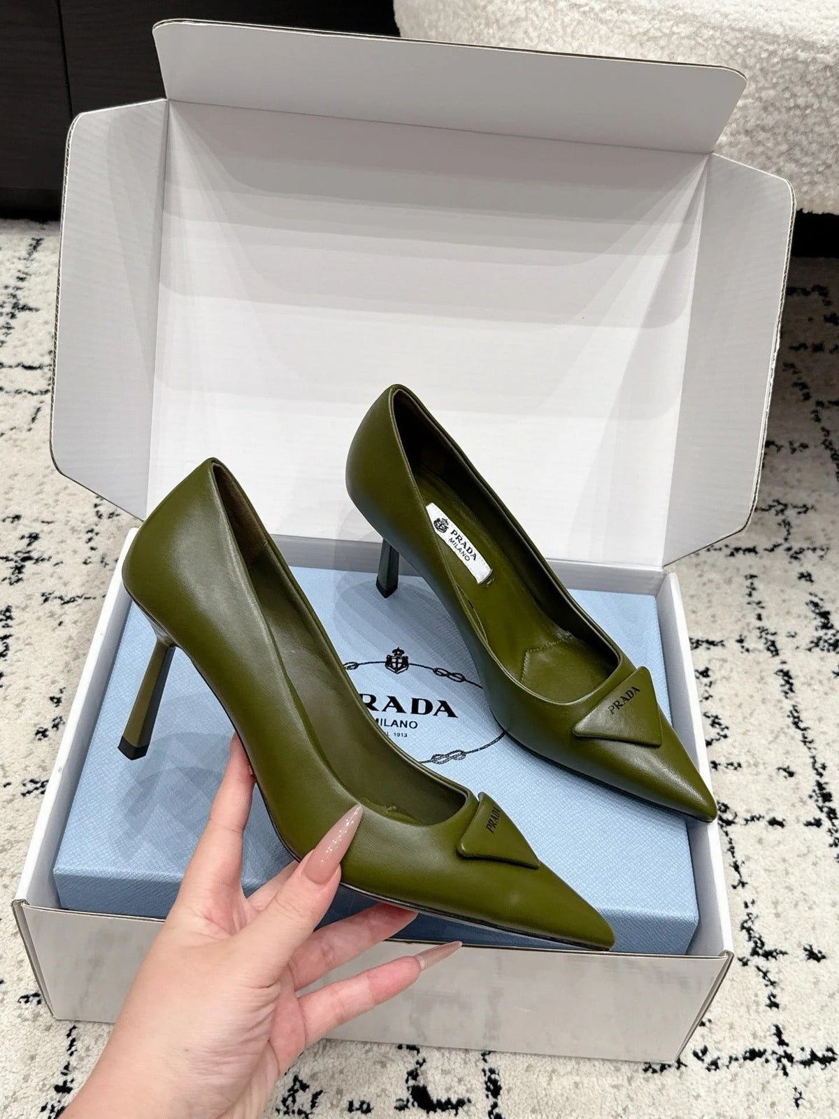 Prada 2026 Pump 75mm Olive Green Cowhide 858218