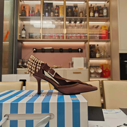 PRA 26S High Heel Pump 70 Brown Canvas Rhinestones 630569