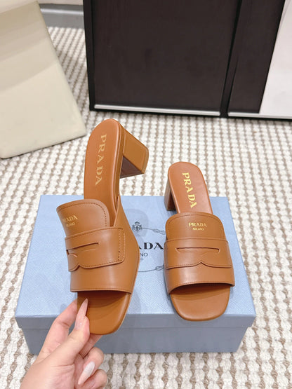 PRA 2026S High Heel Slippers 55 Tan Brown Leather 658337