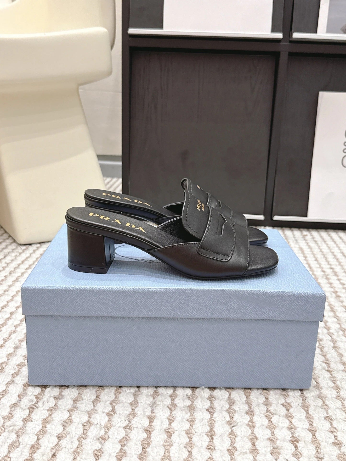 PRA 2026S High Heel Slippers 55 Black Leather 658335