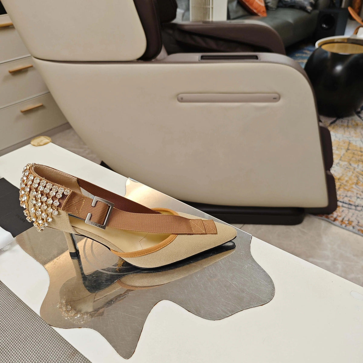 PRA 26S High Heel Pump 70 Beige Brown Canvas Rhinestones 630570