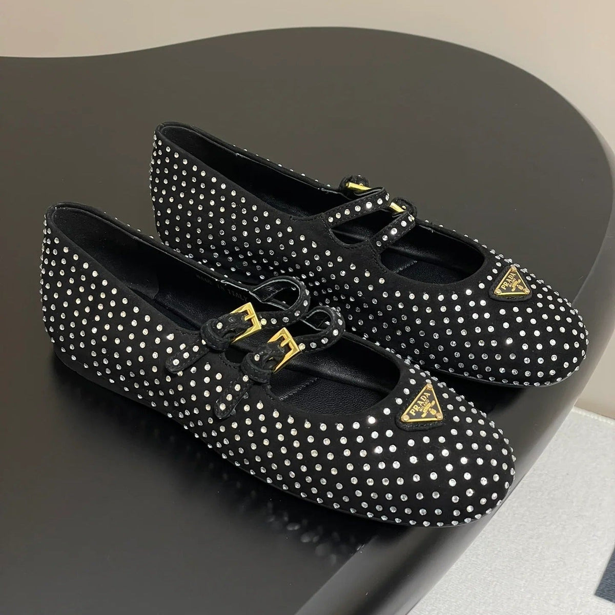Prada 2025 Triangle Logo Rhinestone Ballet Flat Black Suede Sheepskin 247822