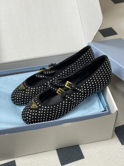 Prada 2025 Triangle Logo Rhinestone Ballet Flat Black Suede Sheepskin 247822