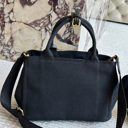 EMBROIDED LOGO LARGE HANDBAG 30 IN BLACK LINEN BLEND